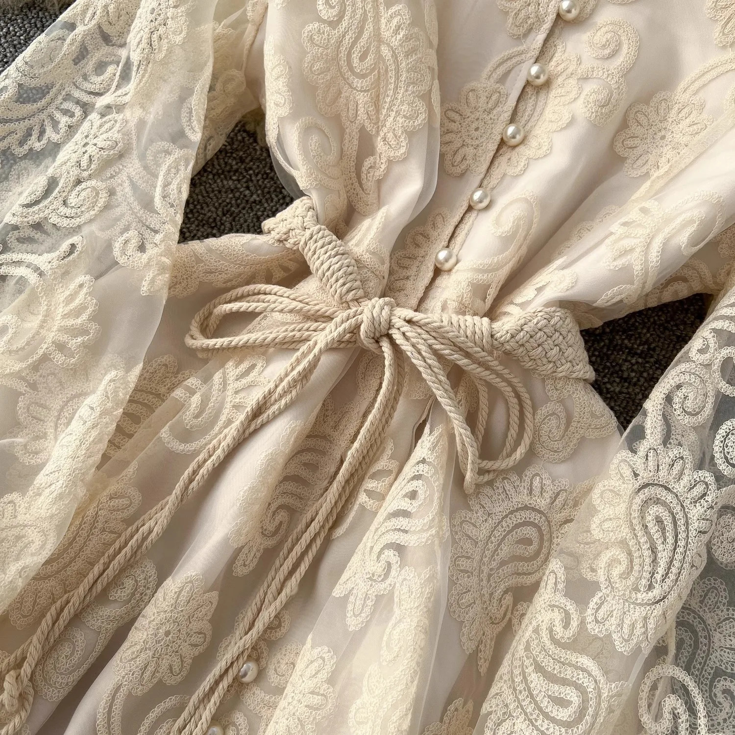 Summer Runway Flower Lace Embroidered Dress French Women Stand Lanetern Sleeve Elegant Sashes Vintage Party Long Robe Vestidos 250825