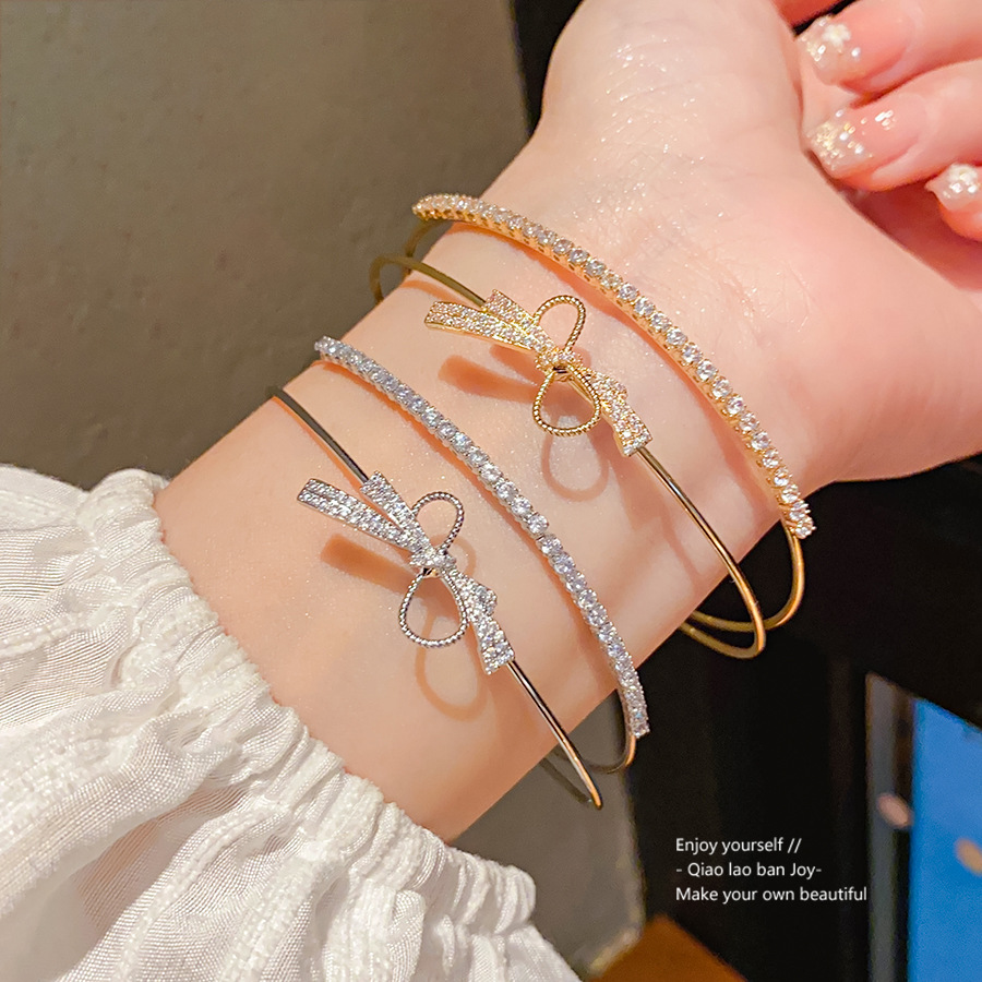 Gold - Tone Rhinestone Bow Double - Layer Cuff Bracelet Dazzling And Elegant Party And Daily Wear Gift For Her Charming And Luxurious Jewelry