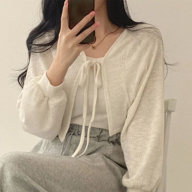 Casual Knitted Cardigan Women Fashion Thin Sunscreen LaceUp Knitwear Tops Y2k Girls Korean Style Lantern Sleeve Cropped Coat 250917Z