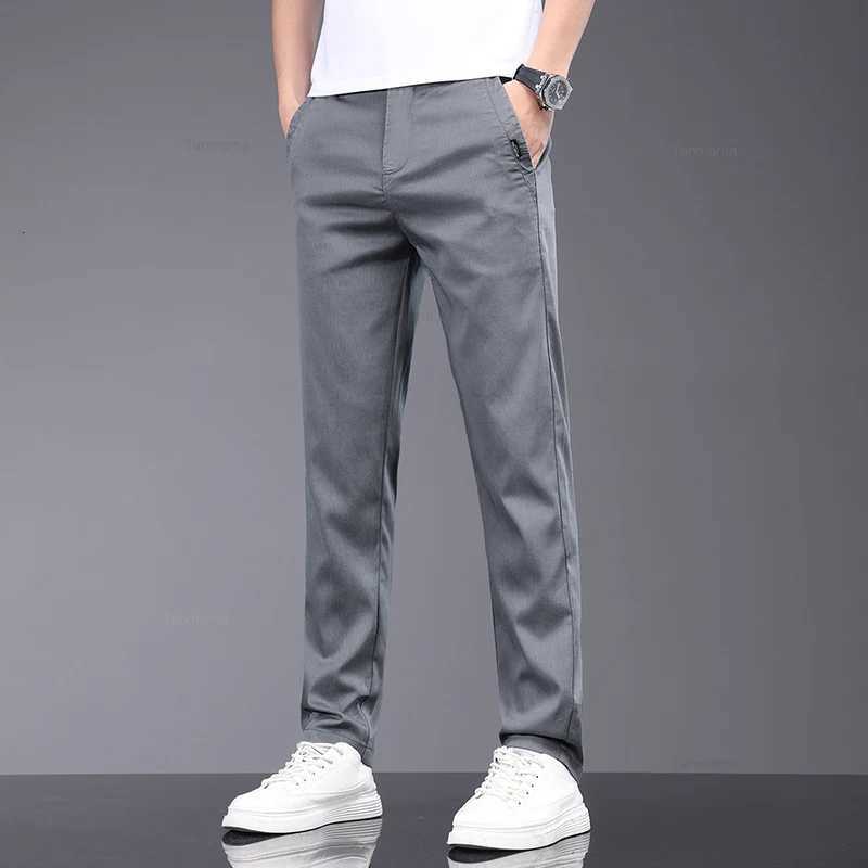 2024 Summer Ultrathin Mens Lyocell Casual Pants Breathable Soft Ice Silk Elastic Straight Business Trousers Black Gray W250826