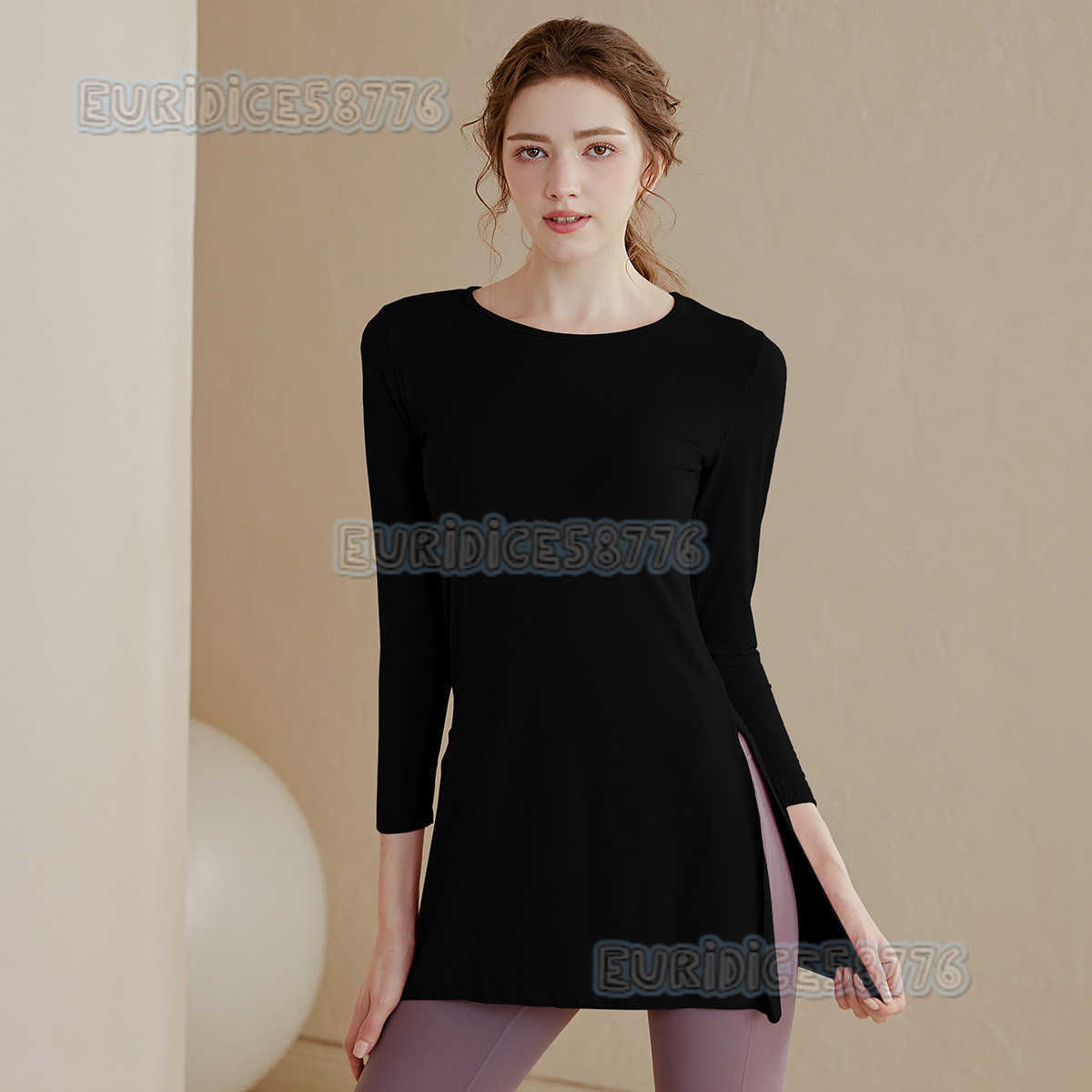 Womens Yoga Clothing Midlength Slimming Hipcovering Long Sleeve Sports Tshirt Loose Breathable Thin Split Fitness Top H250825