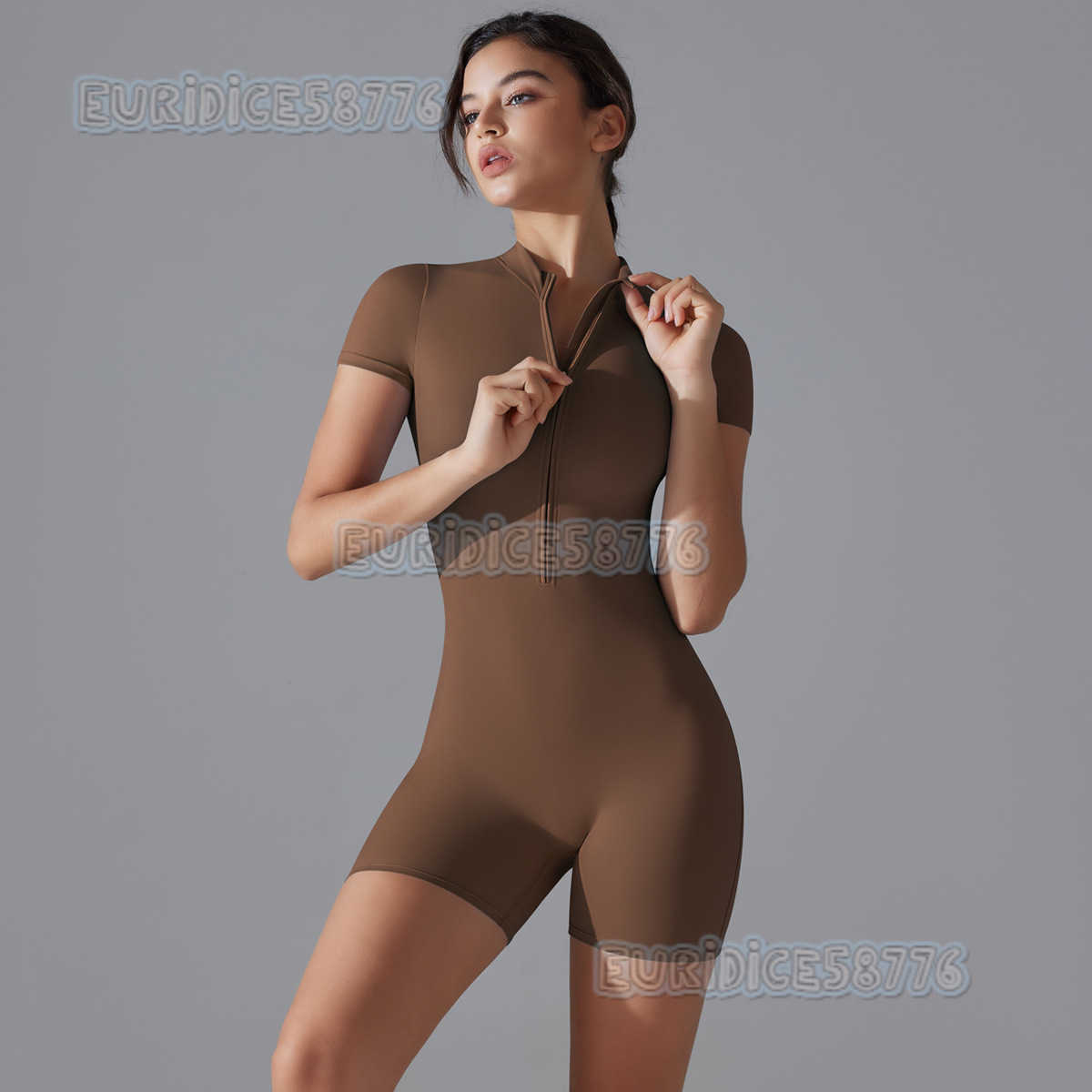 New Summer Zipper Short Sleeve Shorts Yoga Jumpsuit Women Dance Fitness Tight Sports Bodysuit H250825