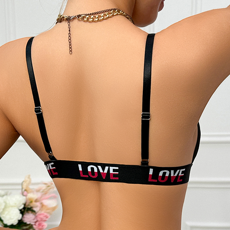 Sexy Black Deep V Bra with 'LOVE' Lettering and Metal Accent