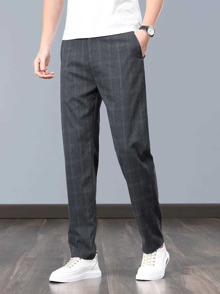 Summer Thin Plaid Formal Stretch Pants Men Slim Business Gray Black Casual Pants Fashion Mens Clothing England Trousers W250826