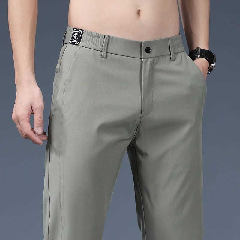 Summer Thin Ice Silk Stretch Mens Pants Business Casual Elastic Waist Smooth Trouser Suit Pants Male Brand Clothing W250826