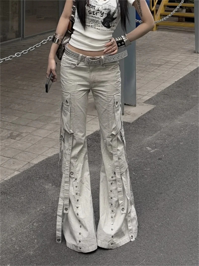 Women Goblin Core Y2k Japanese Harajuku Low Rise Denim Flare Cargo Pants 2000s Kpop BellBottom Long Trousers Punk Jean 250825