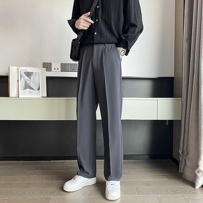 Spring Summer Men Suit Pants Wide Leg Long Drape Trousers Fashion Streetwear Clothing Solid Stretch Waist Oversize Pants Black W250826