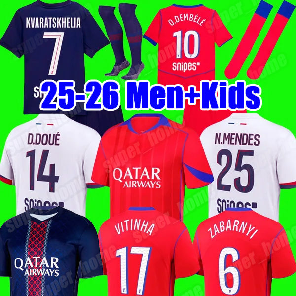 KVARATSKHELIA O.DEMBELE JOAO NEVES 25/26 soccer jerseys D.DOUE Maillot de football 2025 2026 HAKIMI N.MENDES BARCOLA PACHO jersey men kids sets maillot de foot enfants
