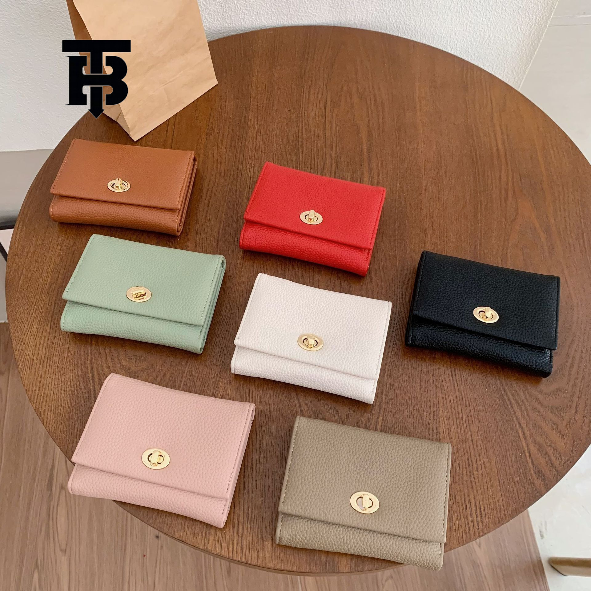 TB BHULAMTE Urban Simple Women's Wallet Luxury New Korean Metal Buckle Folding Card Bag Fashion Solid Color Designer Zipper Coin Bag Lychee Patte