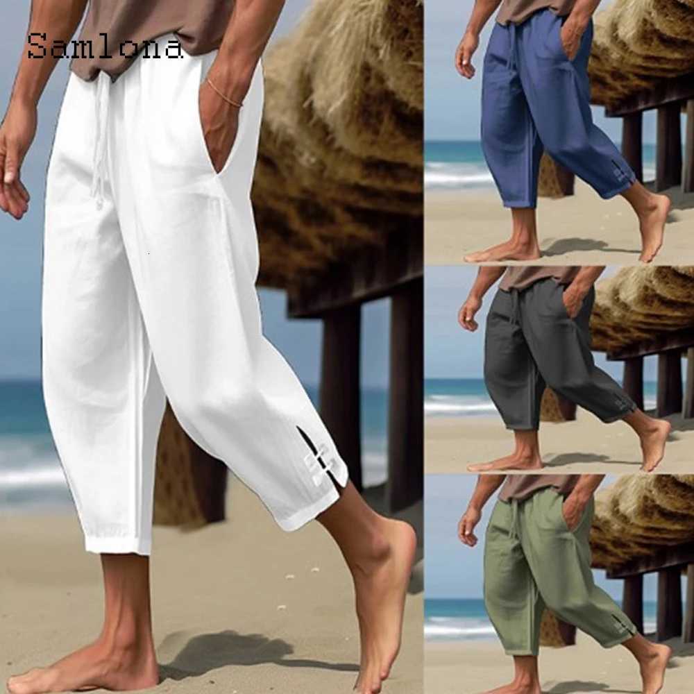 2023 Men Elegant Fashion Buckle Cuff Linen Pants Solid White AnkleLength Trousers Plus Size Mens Casual Drawstring Sweatpants W250826