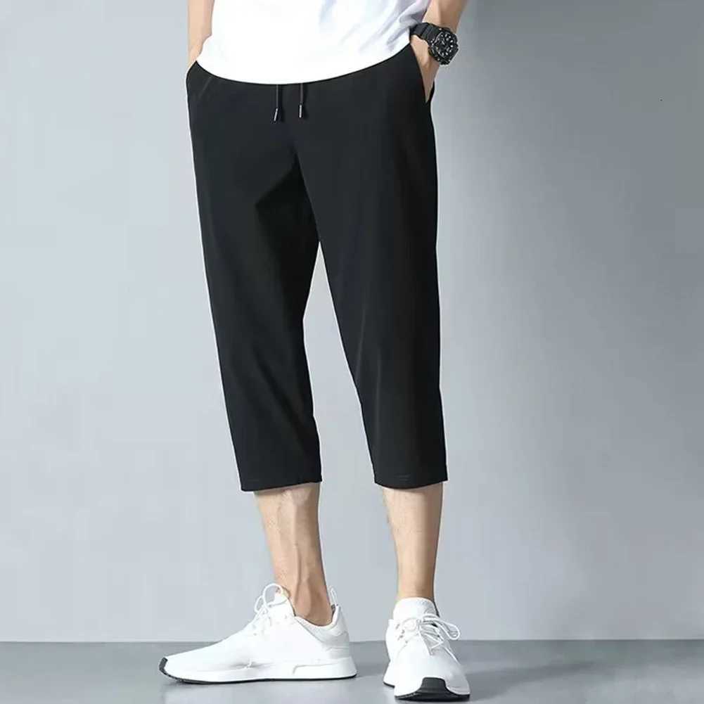 2025 New Summer Mens Ice Silk Pants Hong Kong Style Trendy LooseFit StraightLeg Cropped Pants Korean Version Casual Pants W250826