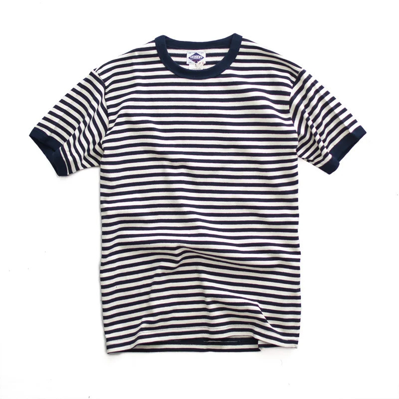 Heavyweight 280gsm American Vintage T-shirt Khaki 100% Cotton Sailor Tees Blue White Striped Sea Soul Tops for Men Summer Tops 250825