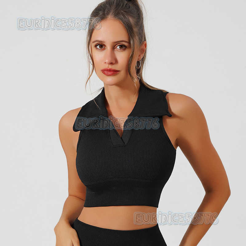 Polo Turndown Collar Sports Vest with Ribbed Straps and Chest Pads for Women Slim Fit Breathable Sleeveless Yoga Fitness Top H250825