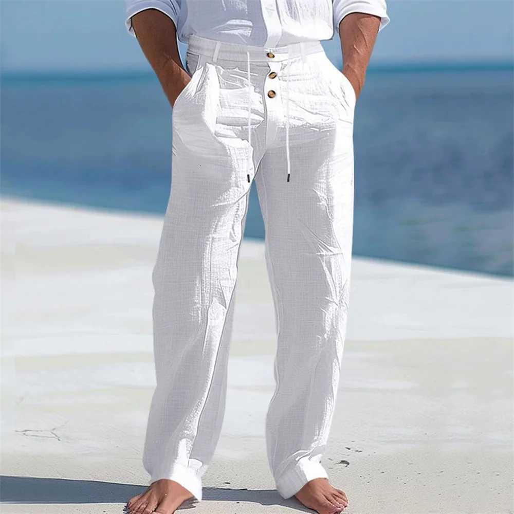 Mens Autumn Spring Cotton Pants Casual Breathable Cozy Trousers Button Drawstring Design Beach Style Vacation Long Pants W250826