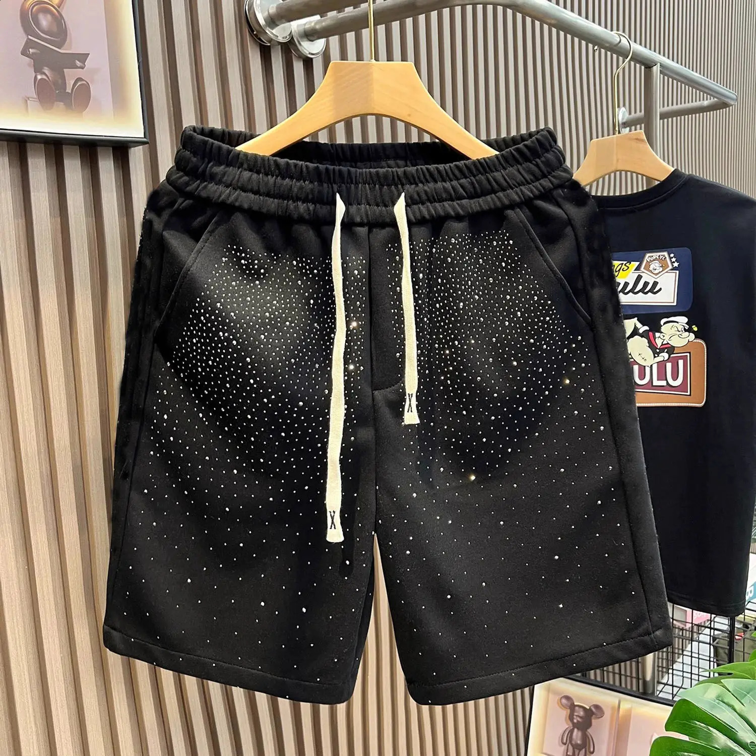 Personalized Rhinestone Starstudded Shorts for Men Summer Loose Straightleg Casual Midlength Shorts 250826