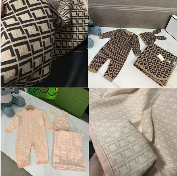 Designer Rompers Baby Rompers Blanket Kids Long Sleeve Cotton Jumpsuits Infant Girls Cotton cashmere knitting Romper hat 0-24 month aa