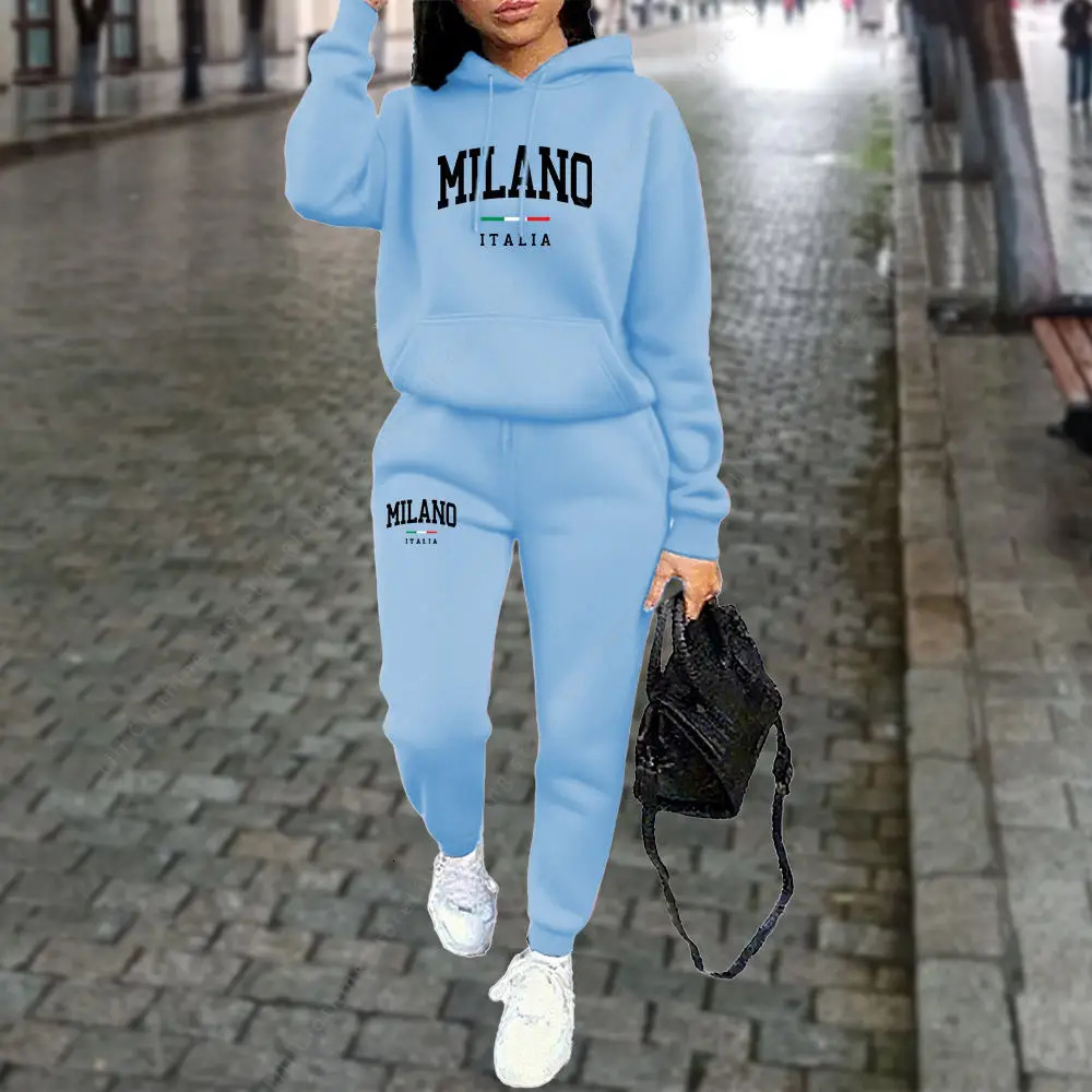 Autumn Winter Womens Sets 2pcs Hoodies Pants Suit Sports Outfits 2025 MILANO Letter Print Aesthetic Clothes Ladies Tracksuit 250826