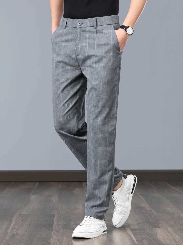Summer Thin Plaid Formal Stretch Pants Men Slim Business Gray Black Casual Pants Fashion Mens Clothing England Trousers W250826