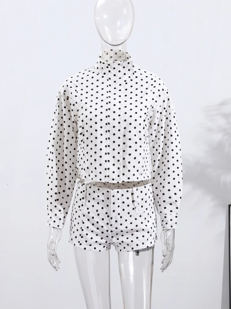 Polka Dots Print Jacket Shorts Set Womens Casual Full Sleeve Zipper Stand Collar Coat Slim Short Pants 2025 Autumn Outfit 250825