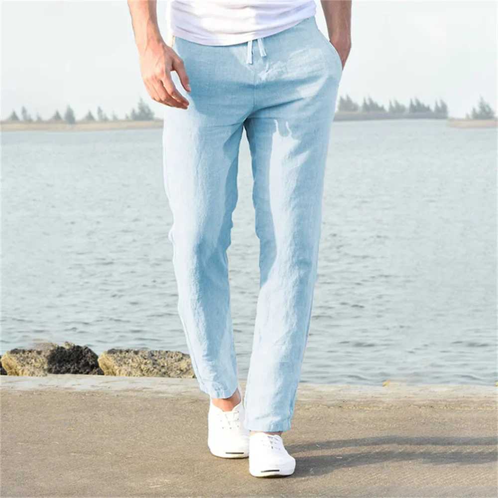 2025 Mens Stand Pocket Casual Linen Pants Solid White Gray Trousers Plus Size 3XL Mens Elegant Fashion Sweatpants Men Streetwear W250826