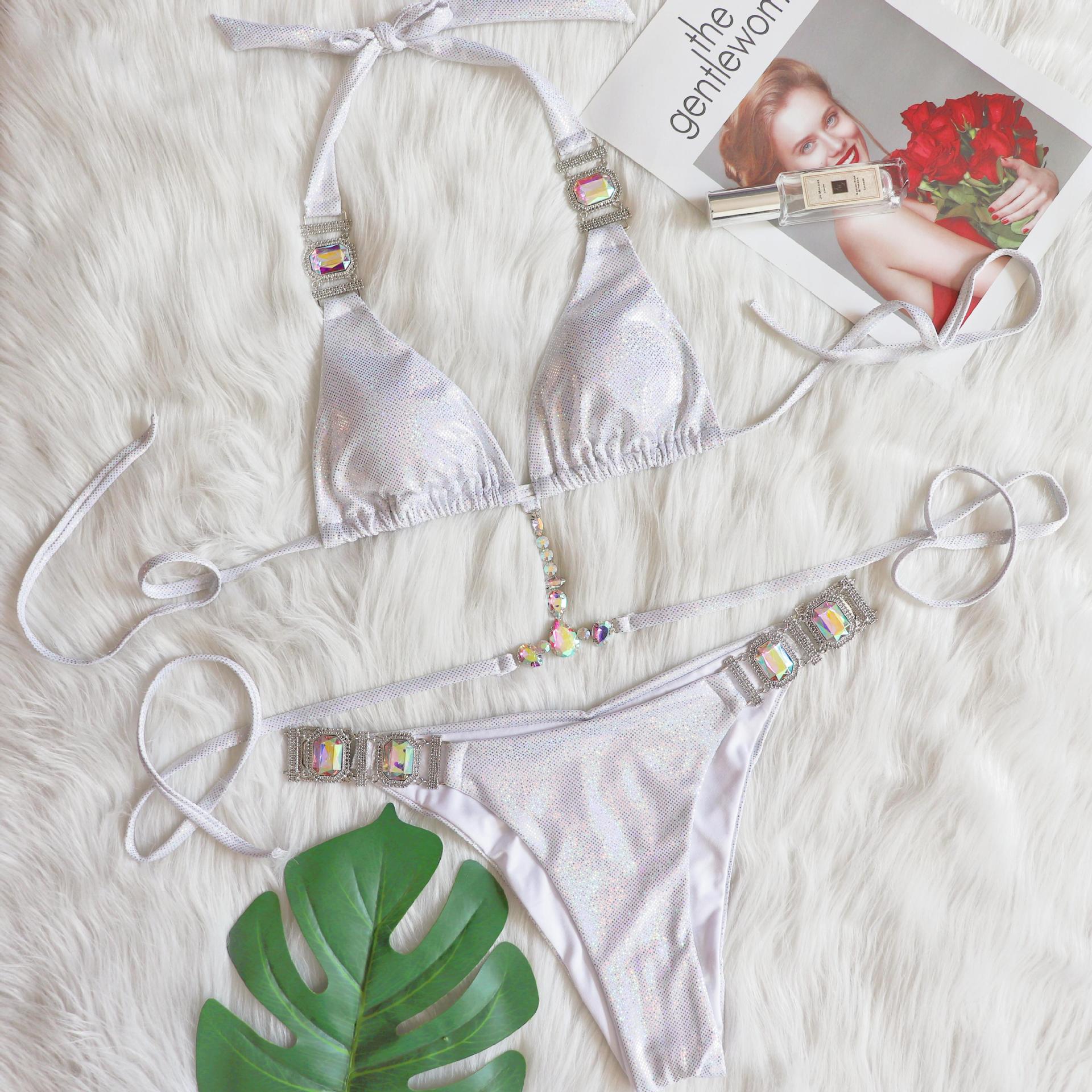 Women's Sexy Bikini Set Adjustable Halter Bikini Set with Gold Foil Print & Crystal Accents - Luxury Swimwear Collection