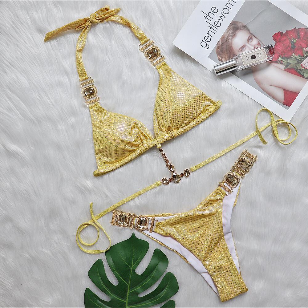 Women's Sexy Bikini Set Adjustable Halter Bikini Set with Gold Foil Print & Crystal Accents - Luxury Swimwear Collection