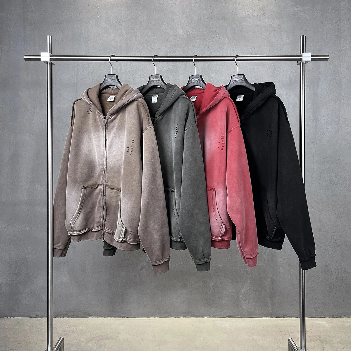 Mens Zip Up Hoodies Y2k Distressed Washed Oversize Cardigan Hoodie Plus Plush Tiedye Fraying Hooded Sweatshirt Autumn Winter 250826