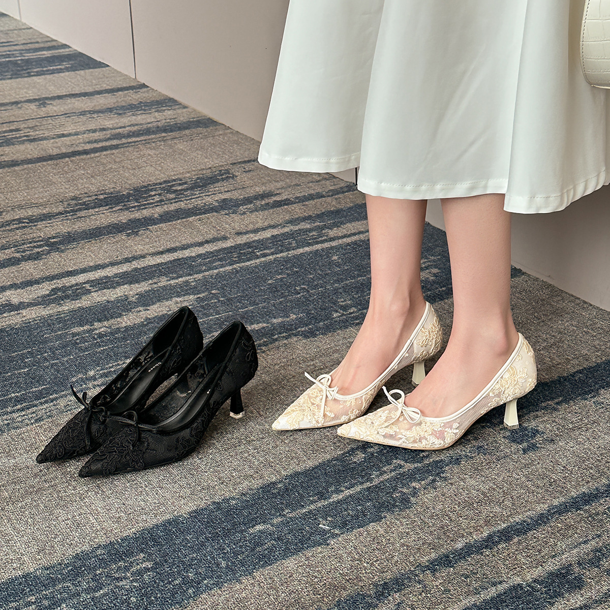 Designer 879-6 French Style Elegant Lace Pointed Toe High Heels Spring Bowknot Mesh Stiletto Party Women's Shoes Bridal Shoes 5c