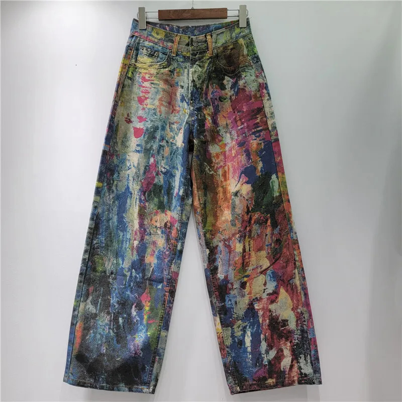 DEAT Womens Jeans High Waist Retro Colorful Straight Printed Splashed Ink Graffiti Denim Pants Fashion Summer 29L9916 250825