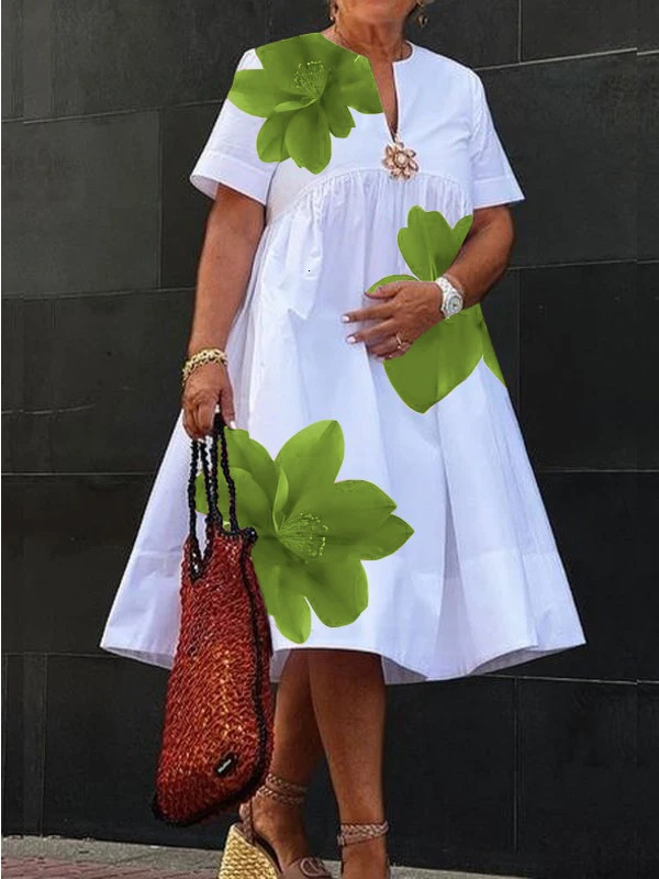 Modigirl Womens Summer Dress 2025 V-Neck Pleated Short Sleeves White Loose Flower Print Casual Midi Dresses for Woman 250825