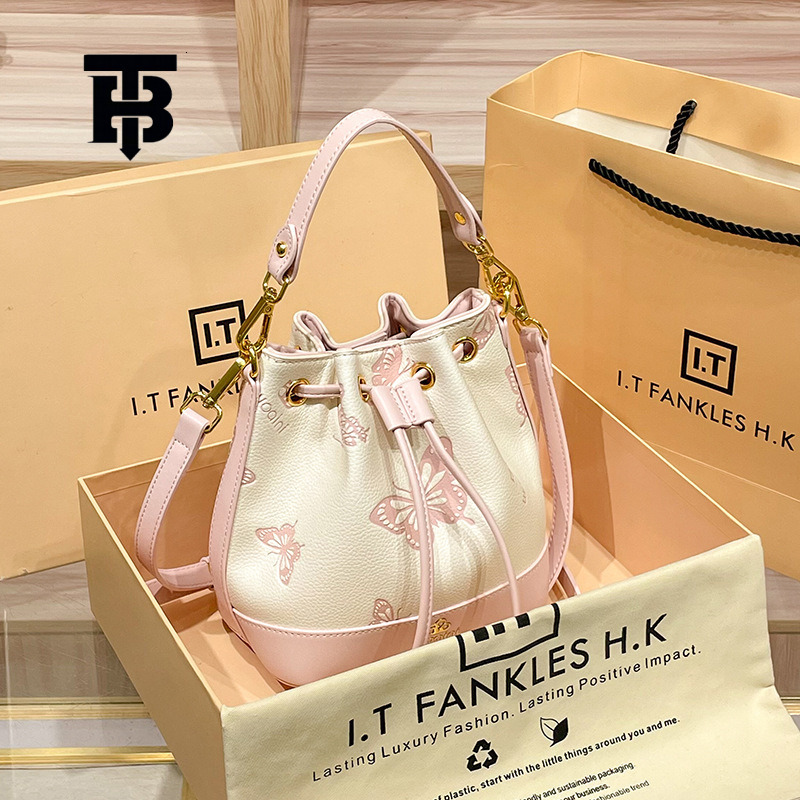 TB BHULAMTE Designer Luxury Original Cowhide Women's Handbag Butterfly Embossed Drawstring Bucket Large Capacity Fashionable Single Shoulder Cros