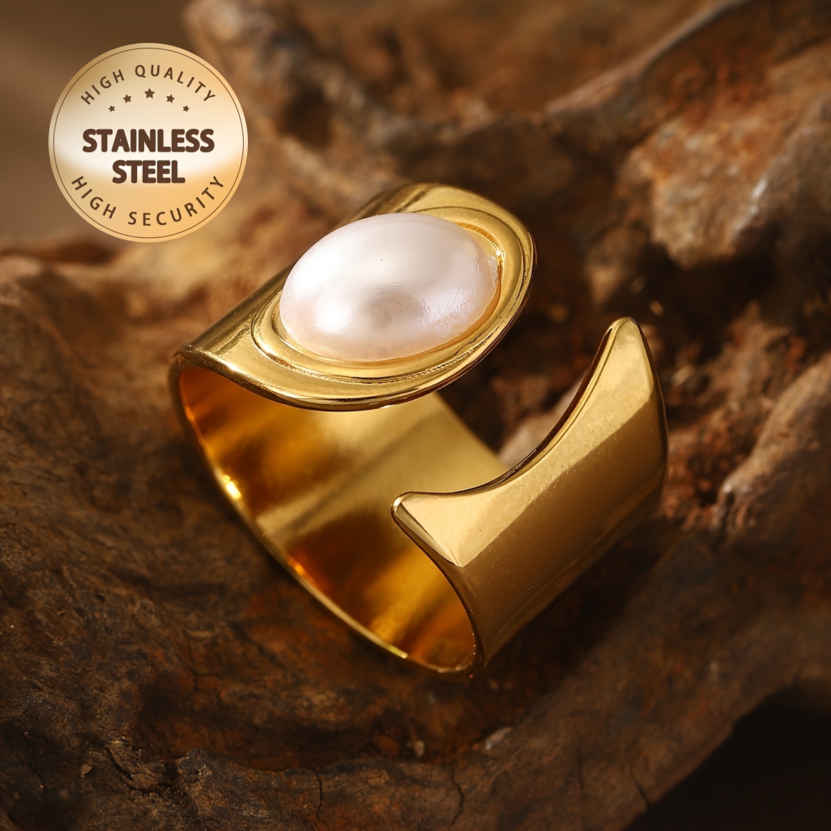 1 Piece Simple Open 304 Stainless Steel Ring, Women, Plated, Decorated with Imitation Pearls Suitable for Daily Wear, Parties, Graduations, Music Fest