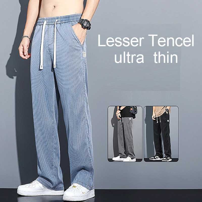 2024 SpringSummer New Soft Lyocell Fabric Mens Jeans Thin Loose Straight Leg Pants Drawstring Elastic Waist Korean Casual Pants W250826
