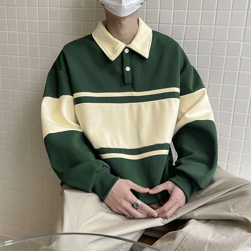 American Color Block Sweatshirt Unisex Loose Polo Shirt Couple Outfit Turn-down Collar Outerwear Ins Style Cool National Trend Top