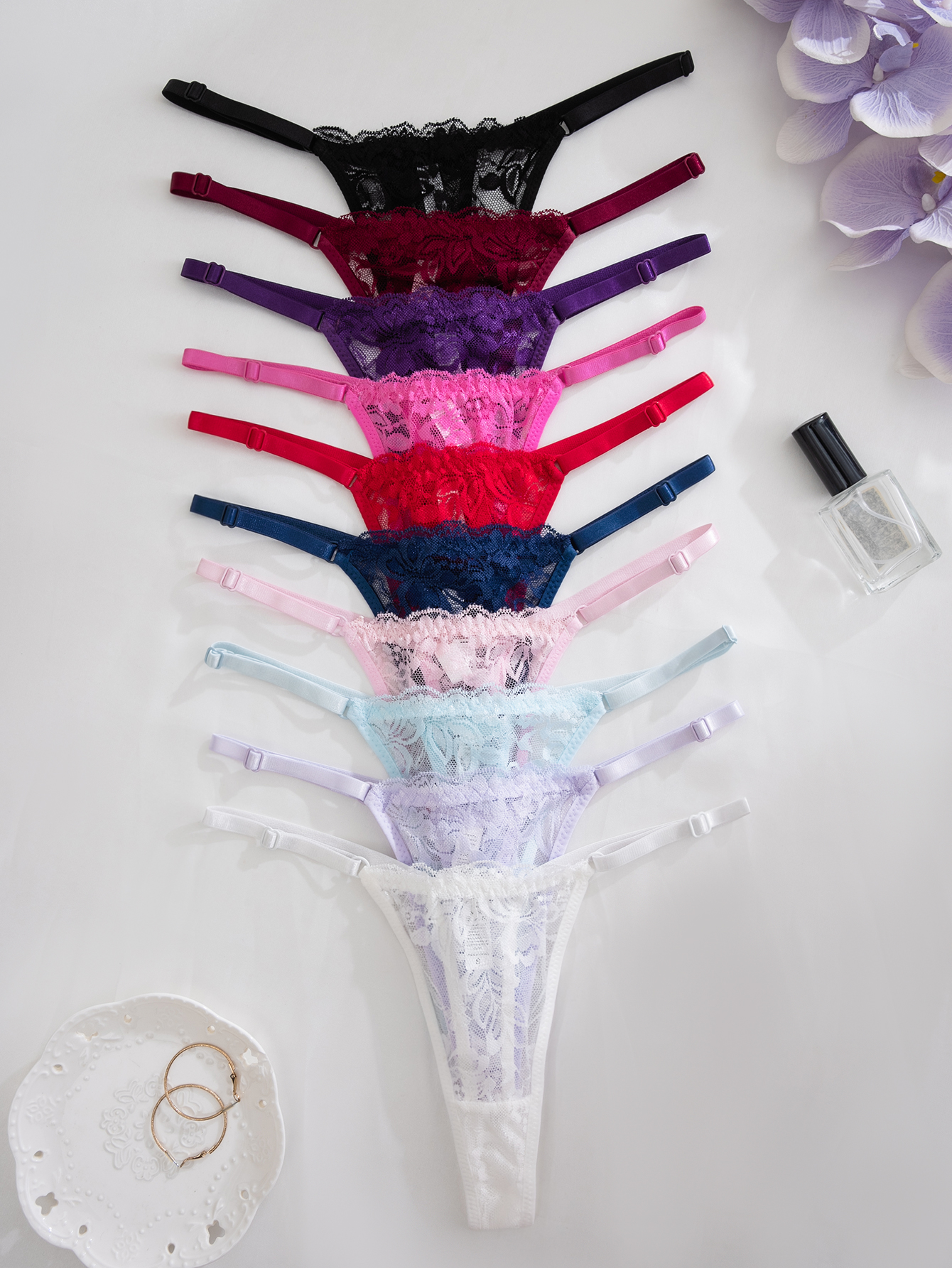 Multicolor Lace Thong Panties Set - 10 - Piece Assorted Colors for Women