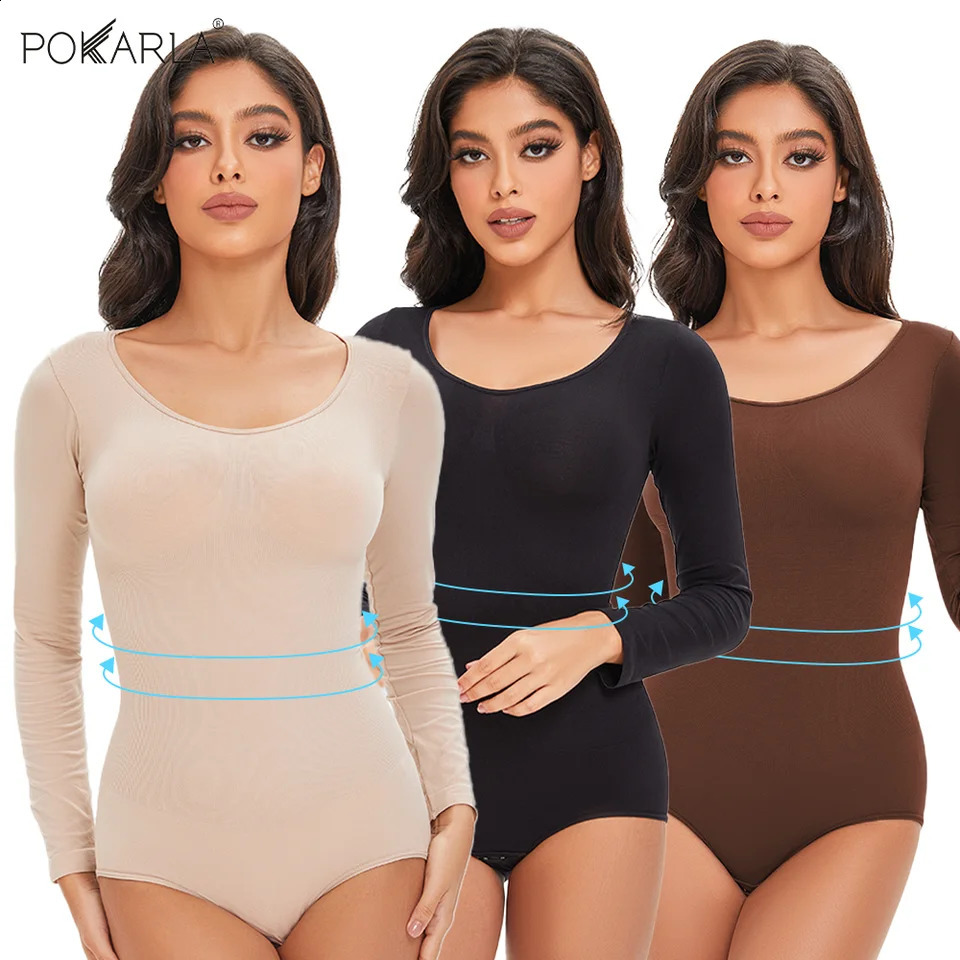 POKARLA Spandex Elastic Body Suit Shapewear Women Shaper Tummy Control Long Sleeve Open Crotch Round Neck Seamless Shapers 250826
