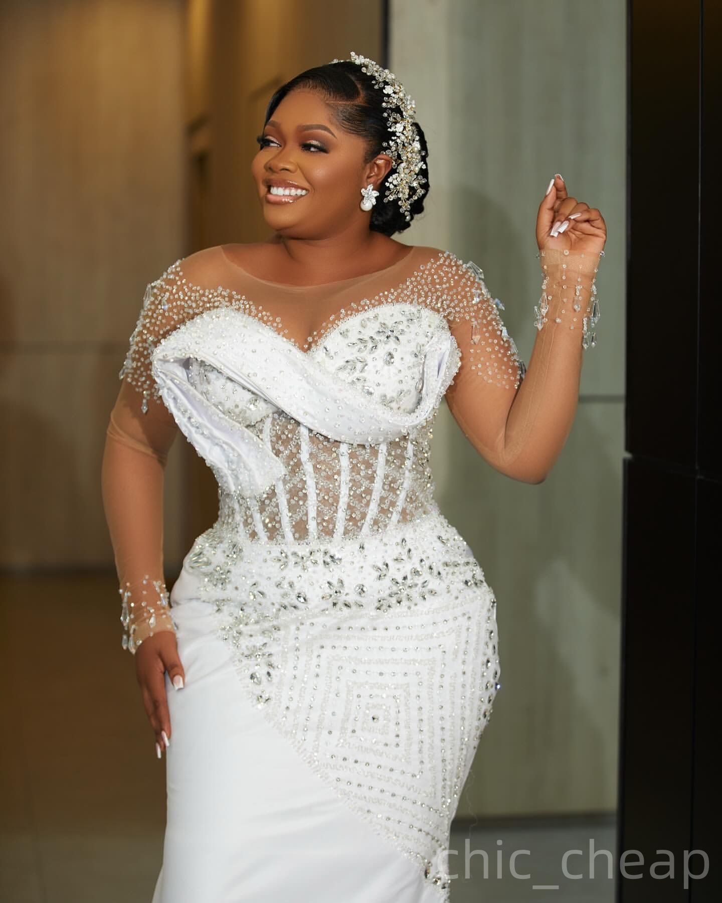 2025 Aso Ebi Plus Size White Mermaid Wedding Dress Rhinestones Beaded Sheer Neck Full Sleeves Satin Vintage Bridal Gowns Dresses ZJ0686
