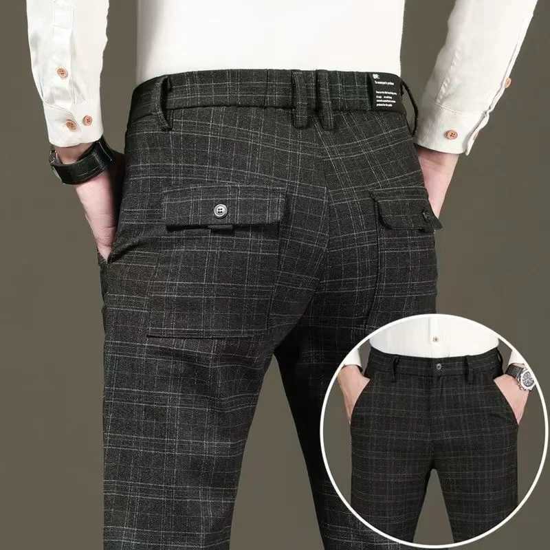 Fashion Black Gray Casual Trousers Mens Straight Fit Long Pants Striped Plaid Four Seasons High Quality Brand Business Trousers W250826