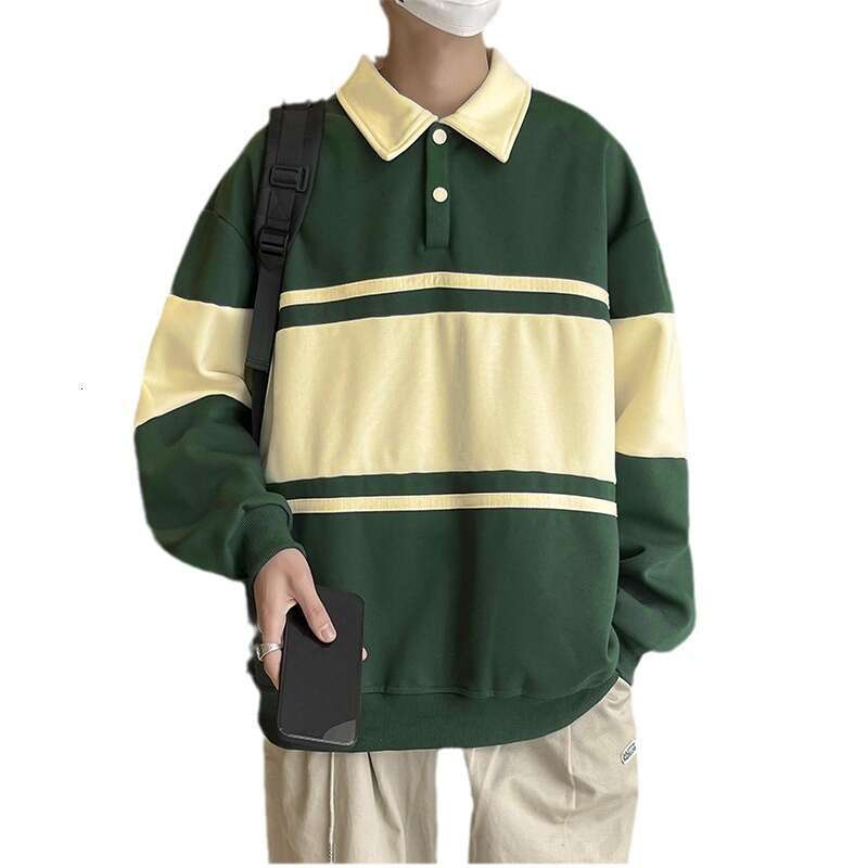 American Color Block Sweatshirt Unisex Loose Polo Shirt Couple Outfit Turn-down Collar Outerwear Ins Style Cool National Trend Top