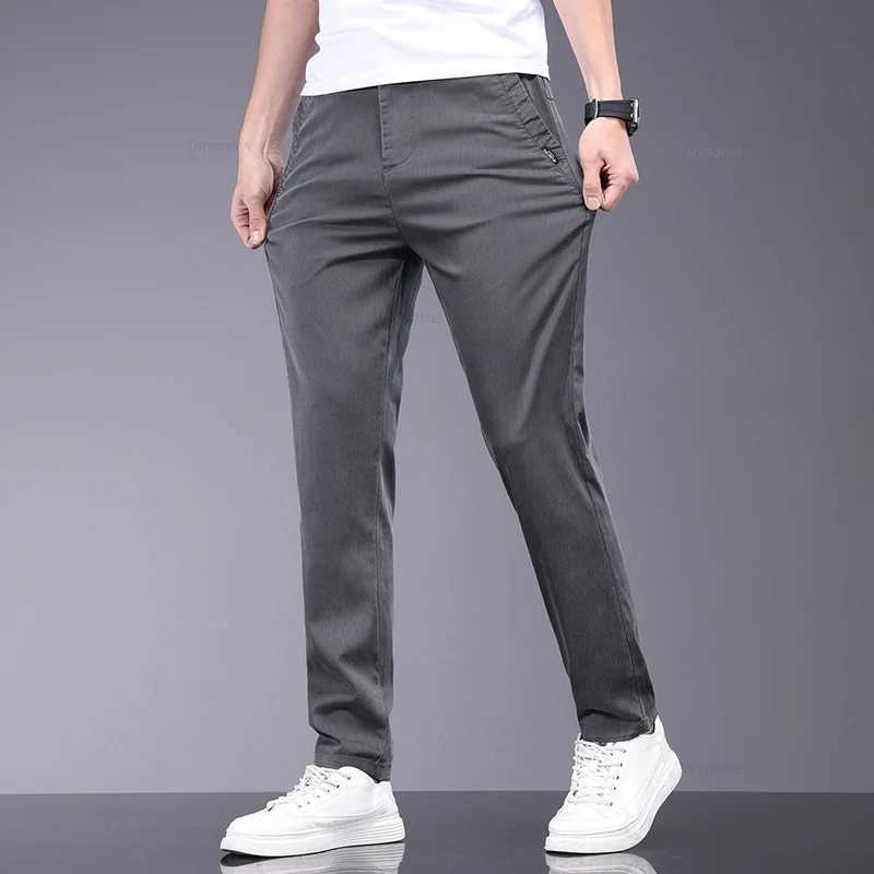 2024 Summer Ultrathin Mens Lyocell Casual Pants Breathable Soft Ice Silk Elastic Straight Business Trousers Black Gray W250826