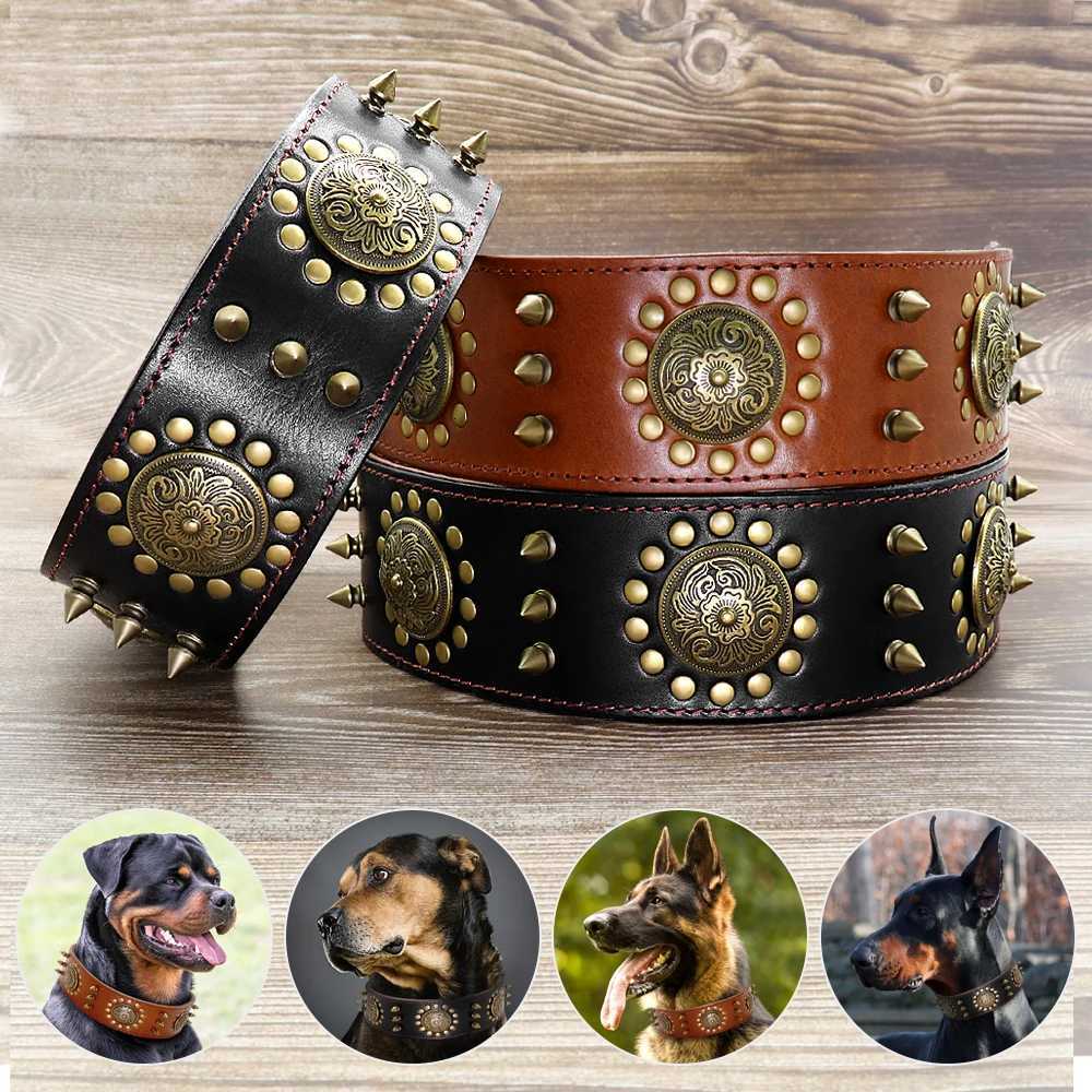 Luxury Genuine Leather Dog Collar 2inch Wide Cool Spikes Durable Collars for Medium Large Dogs German Shepherd Pitbull LeashXJ250826 - view 4