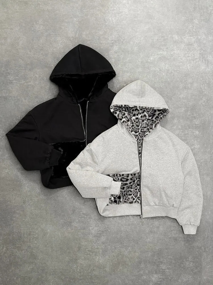 Unisex hoodie hooded sweatshirt with leopard print lining pocket loose cardigan zipper sweatshirt streetwear style 250825