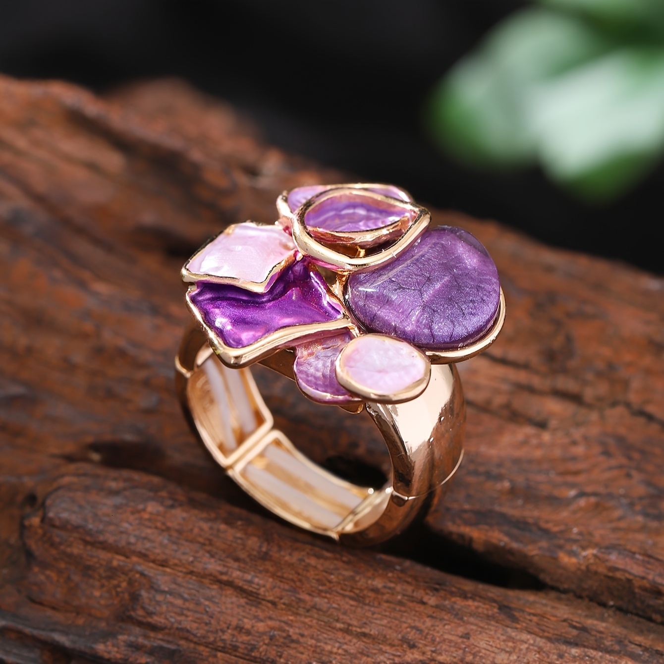 A Women's Fashion Bohemian Elegant Geometric Adjustable Elastic Ring Spring Summer New Zinc Alloy Purple Thin Coating Craft Simple Inlaid Resin S