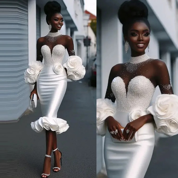 Fishtail White Satin Short Wedding Dress For African Black Women Pretty Flowers Crystal High Neck Bride Reception Party Gowns Fitted Long Sleeved Vestidos LG0114