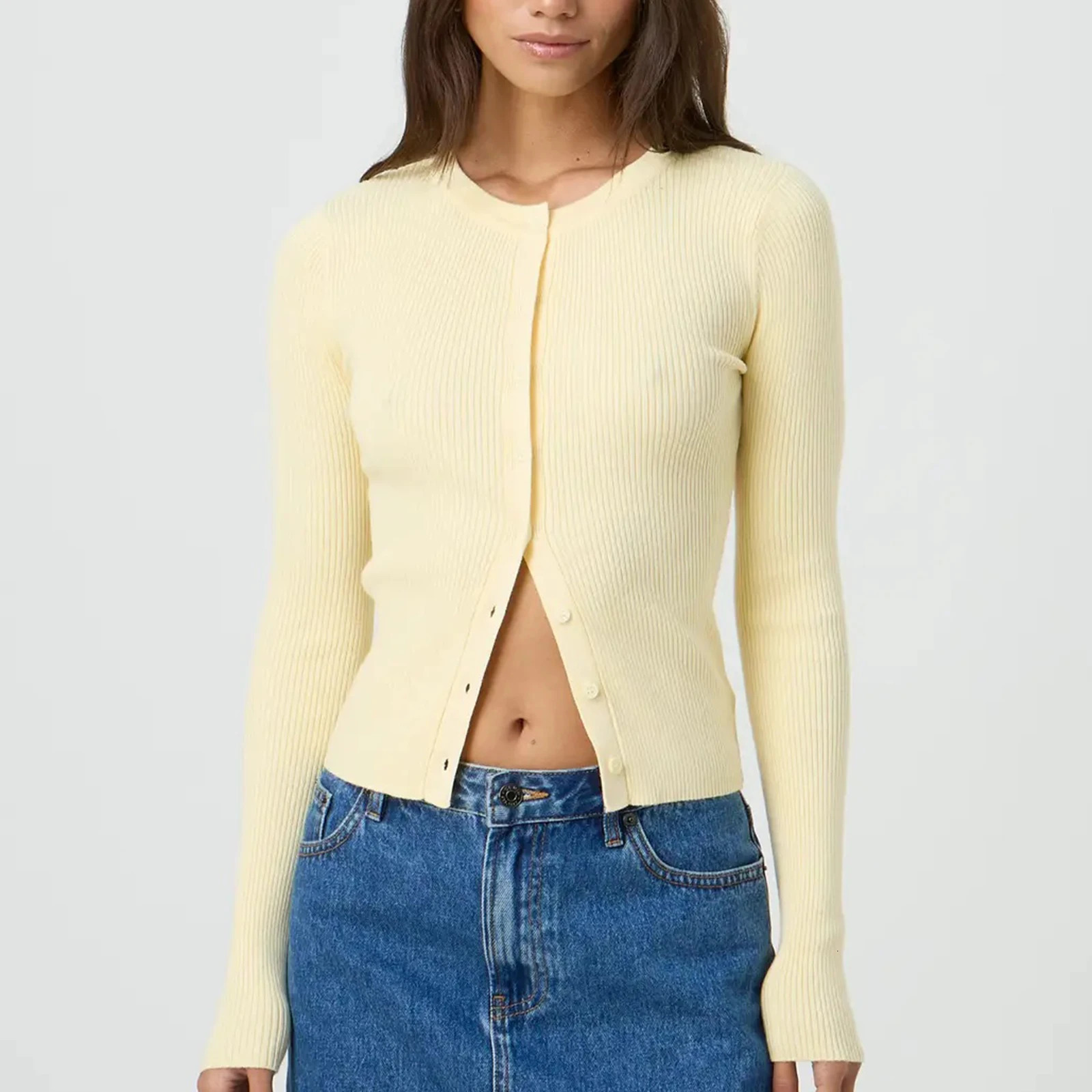 Womens Ribbed Cardigan Tops Spring Fall Solid Color Long Sleeve Round Neck Button Up Cropped Sweaters Female Casual Pullovers 250815
