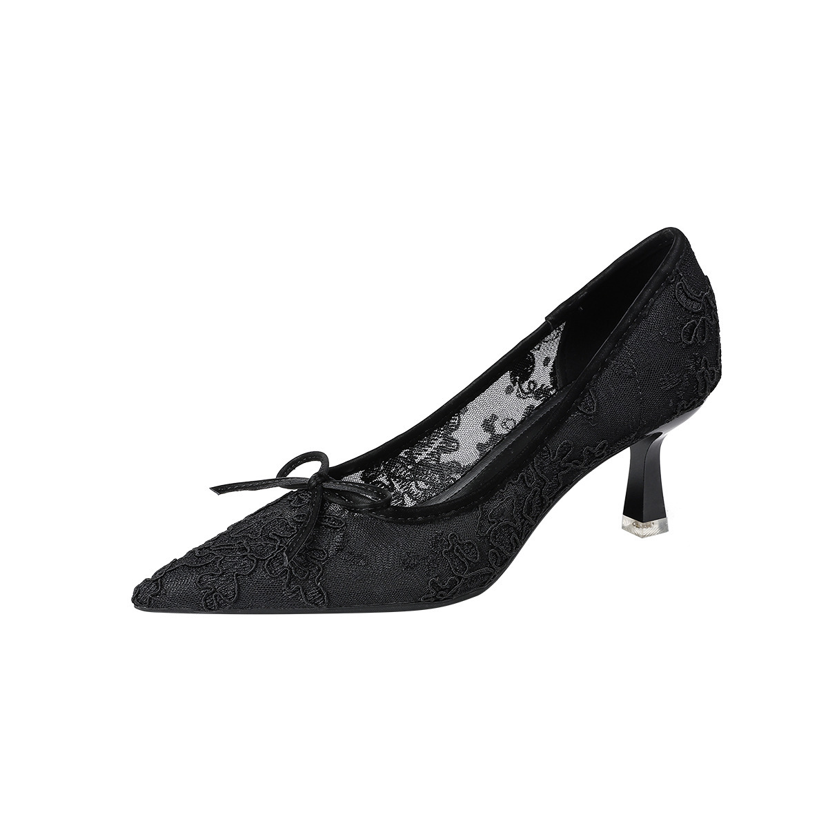 Designer 879-6 French Style Elegant Lace Pointed Toe High Heels Spring Bowknot Mesh Stiletto Party Women's Shoes Bridal Shoes 5c