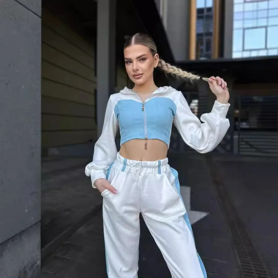 Casual Patchwork Denim 2 Piece Sets Women Outfit Slim Hoodies Crop Top Wide Leg Sweatpants Suit Streetwear Fashion Tracksuits 250826