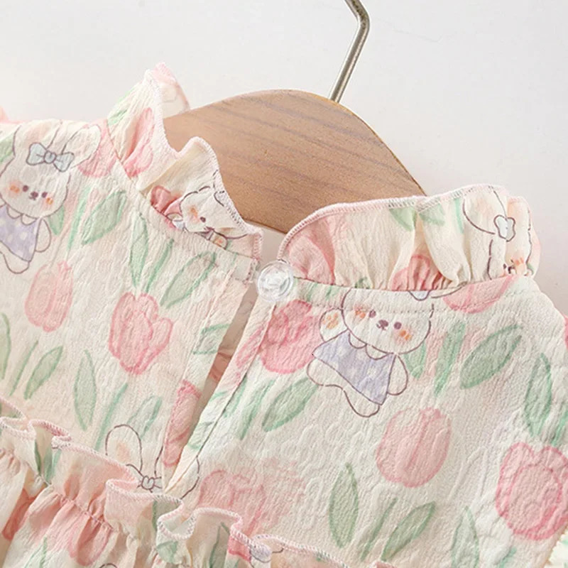 Summer Hardwear Girl Dress Tulip Cartoon Rabbit Print Small Flying Sleeves Flower Neck Bow Ribbon Pattern 250825