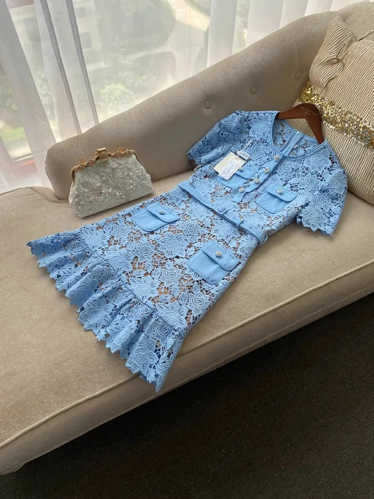 Blue Lace Dress Women Summer with Belt Short Sleeve Streetwear Clothing Lady Hollow Out Runway Vestidos Bodycon 250825