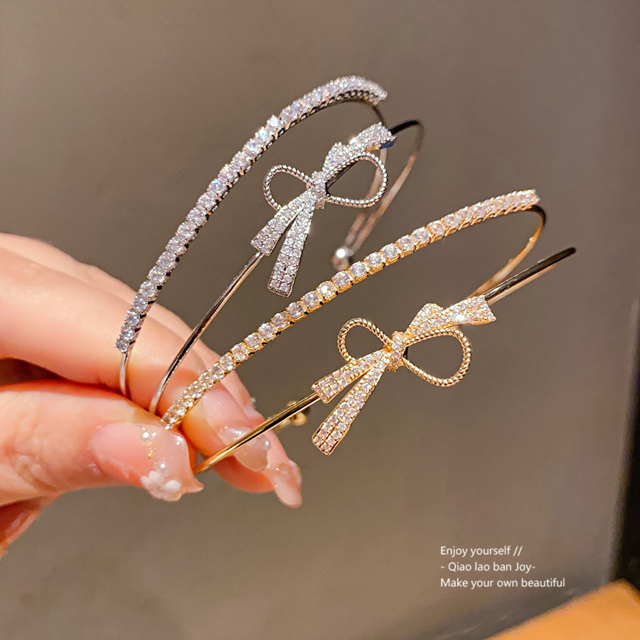 Gold - Tone Rhinestone Bow Double - Layer Cuff Bracelet Dazzling And Elegant Party And Daily Wear Gift For Her Charming And Luxurious Jewelry